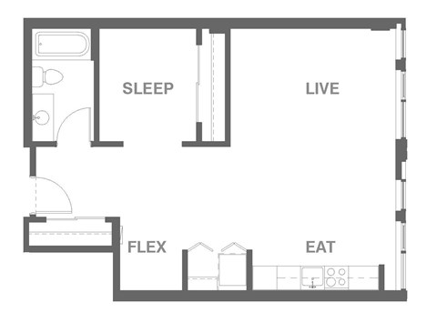 Floor plan for 1 bed, 1 bath, 692 sqft